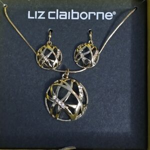 Liz Claiborne Spherical Open-Work Gold-toned Necklace & Earrings Set w/ Crystals